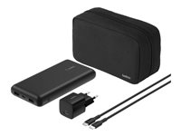 Belkin BoostCharge - Strömförsörjningsbank + växelströmsadapter - 20000 mAh - PD - 3 utdatakontakter (24 pin USB-C, 2 x USB) - på kabel: USB-C - Europa - med zippered pouch case BU042KQBK